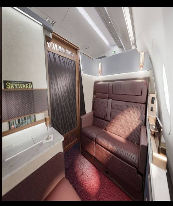 JAL Suite Life private cabin with sliding door, Skyward bar, warm wood veneer